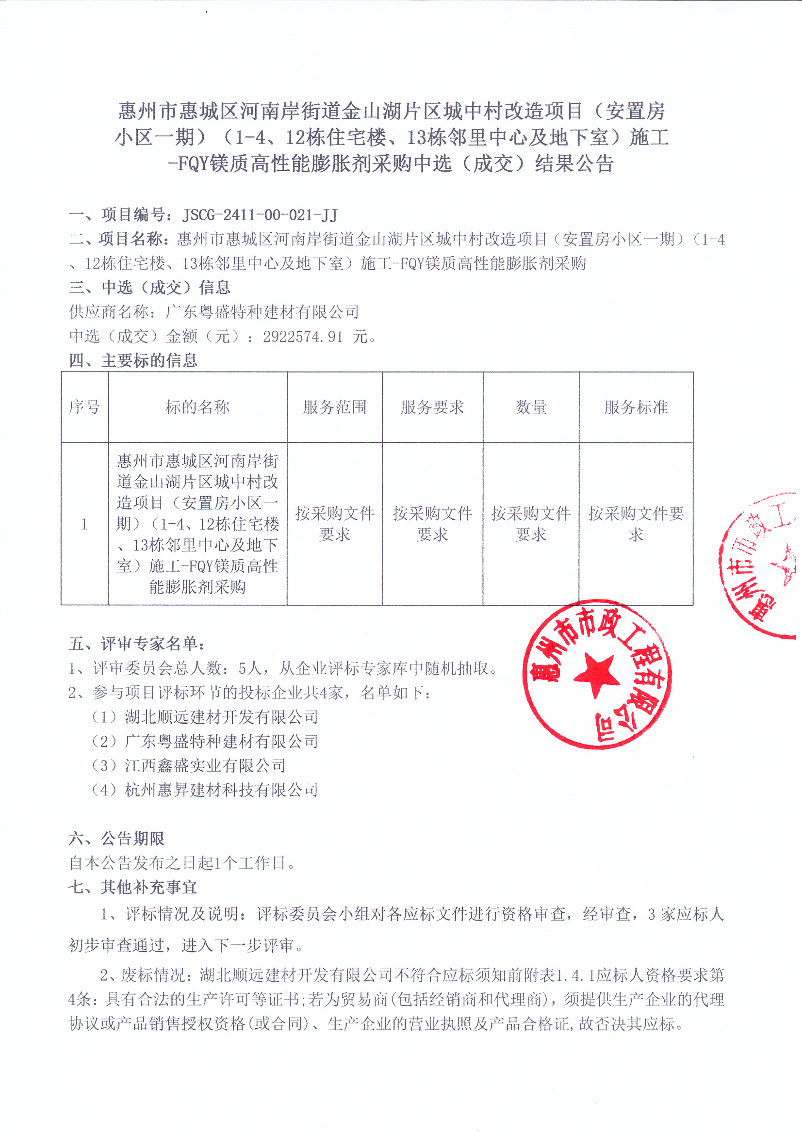 惠州市惠城區(qū)河南岸街道金山湖片區(qū)城中村改造項目（安置房小區(qū)一期）（1-4、12棟住宅樓、13棟鄰里中心及地下室）施工-FQY鎂質(zhì)高性能膨脹劑采購中選（成交）結(jié)果公告