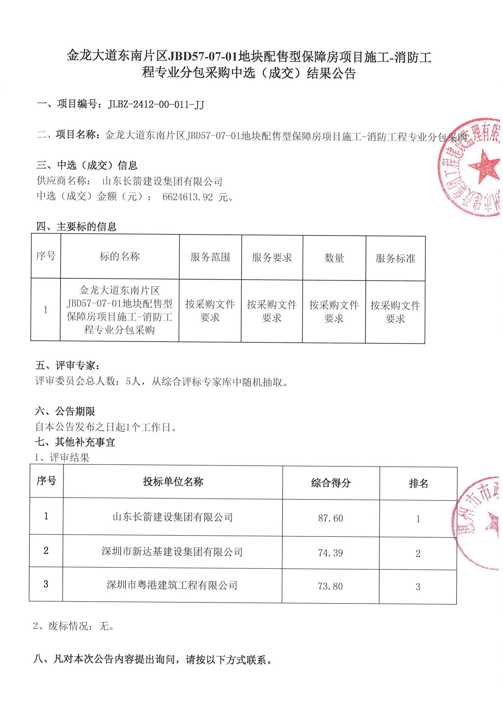 金龍大道東南片區(qū)JBD57-07-01地塊配售型保障房項目施工-消防工程專業(yè)分包采購中選（成交）結果公告