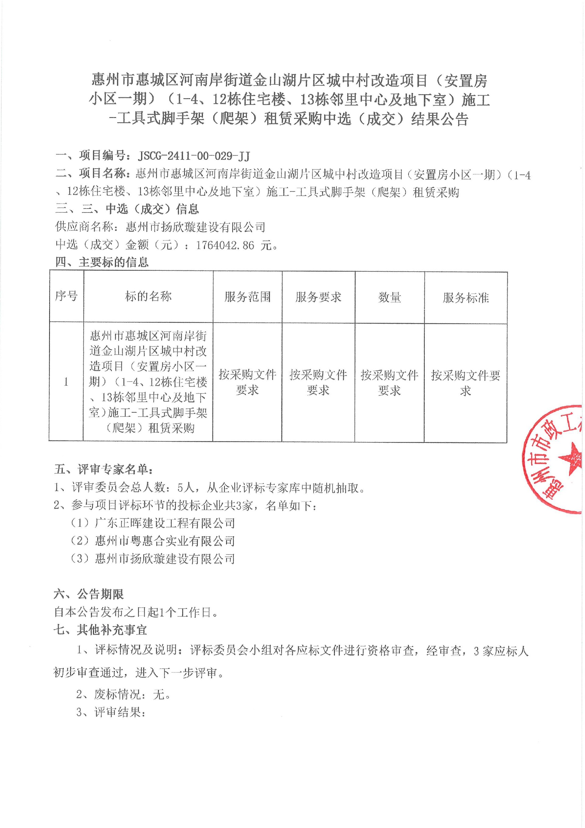 惠州市惠城區(qū)河南岸街道金山湖片區(qū)城中村改造項目（安置房小區(qū)一期）（1-4、12棟住宅樓、13棟鄰里中心及地下室）施工-工具式腳手架（爬架）租賃采購中選（成交）結果公告